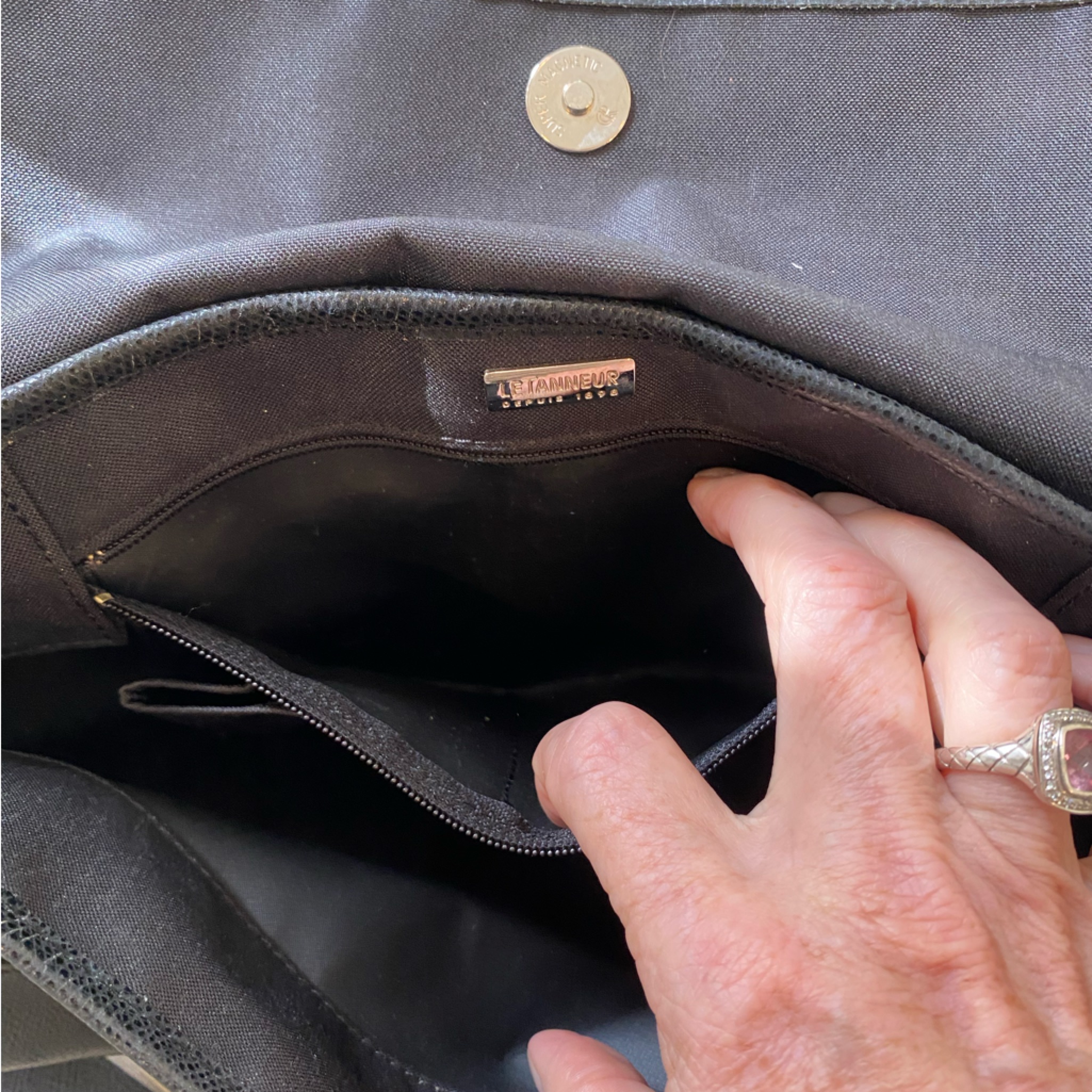 Le Tanneur 1898 Paris Black Shoulder Hobo Bag Leather And Nylon — image 7 of 8